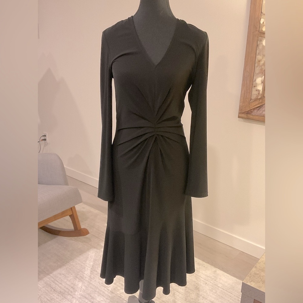 JOSEPH RIBKOFF Elegant Dark black, long sleeved V-neck dress with Ruching .